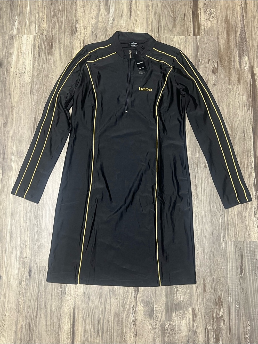 NWT Bebe Logo Stitch Contrast Athletic Dress Black Gold Quarter Zip Womens XL